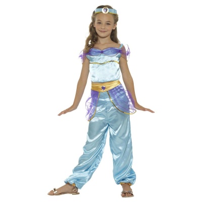 Fato de princesa azul e roxo com detalhes dourados para criança