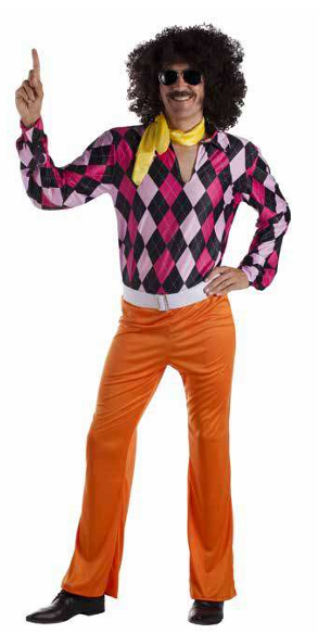 Homem com roupa colorida dos anos 70 e cabelo afro