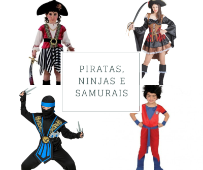 Quatro crianças com fatos de pirata, ninja e samurai com texto central 'PIRATAS, NINJAS E SAMURAIS'