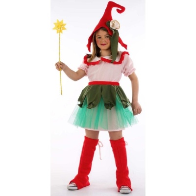 Criança com fato de duende colorido e varinha