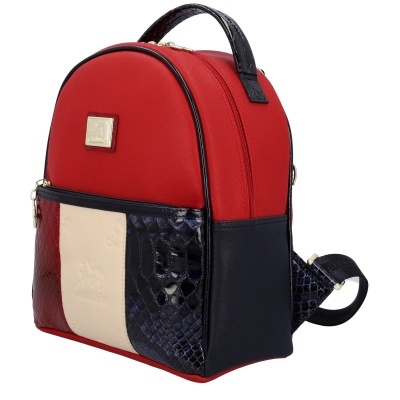 Mochila vermelha com detalhes em preto e creme e placa metálica Cavalinho