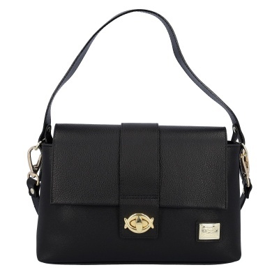 Mala preta em pele sintética com fecho e detalhes dourados