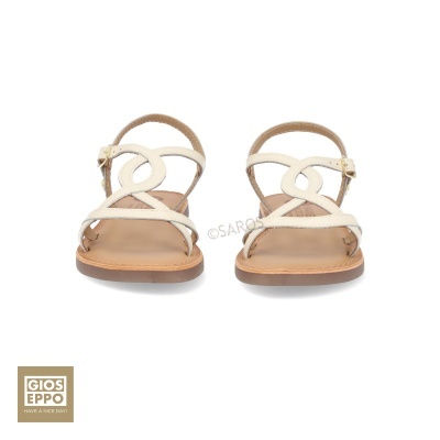 Sandálias em pele cor creme com tiras circulares e sola castanha clara