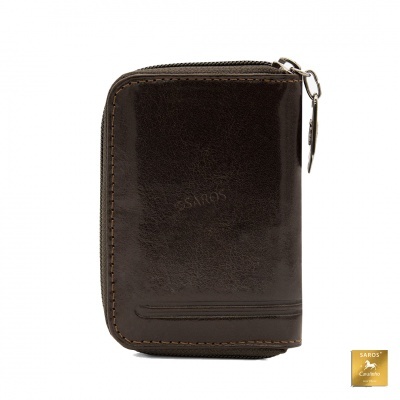 Carteira pequena de couro castanho com fecho de correr