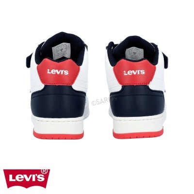 Sapatilhas Levi's brancas, azuis e vermelhas vistas de trás