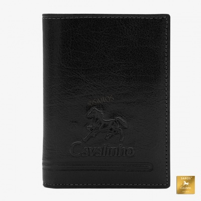 Carteira preta de couro com relevo de cavalo e texto Cavalinho