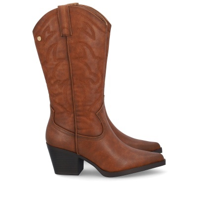 Botas cowboy em pele marrom com salto bloco e costuras decorativas