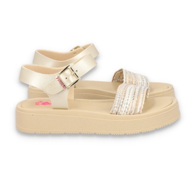 Sandálias femininas plataforma bege com tira frontal trançada e fivela metálica