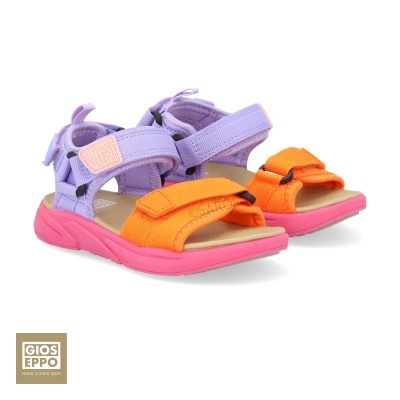 Sandálias infantis lilás, laranja e rosa com tiras ajustáveis e sola rosa
