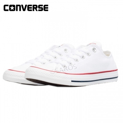 Sapatilhas Converse brancas com riscas vermelha e azul na sola