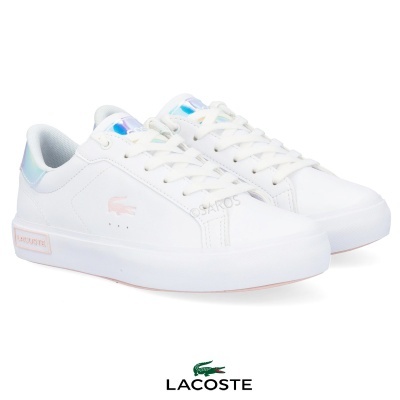 Ténis Lacoste brancos com detalhes holográficos e logótipo rosa