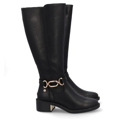 Botas pretas altas em pele sintética com fivela dourada