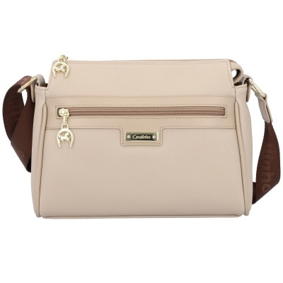 Mala tiracolo beije com bolso frontal e fita castanha