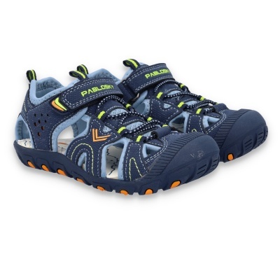 Sandálias azuis para criança com fecho velcro e detalhes coloridos