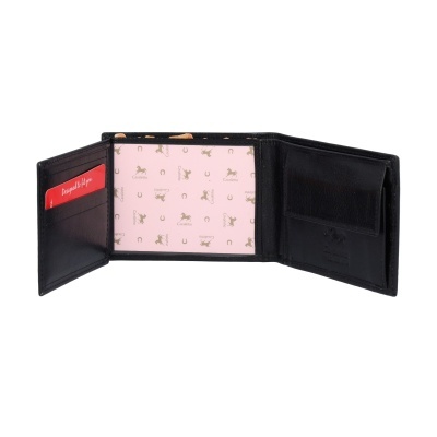 Carteira preta em pele aberta com interior rosa e compartimentos