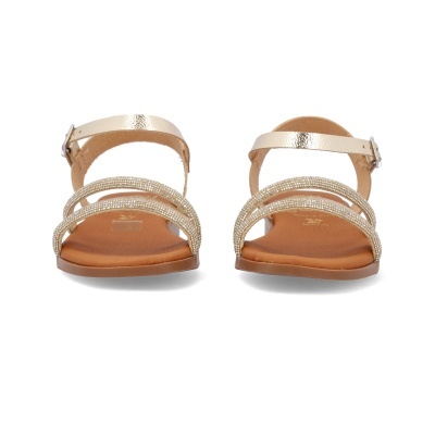 Sandálias douradas com tiras finas e sola castanha