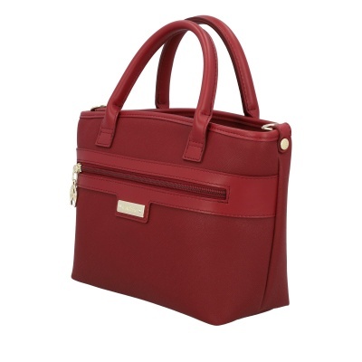 Mala de mão vermelha bordeaux com textura granulada e alças duplas