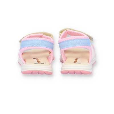 Sandálias infantis abertas atrás com tira azul e rosa
