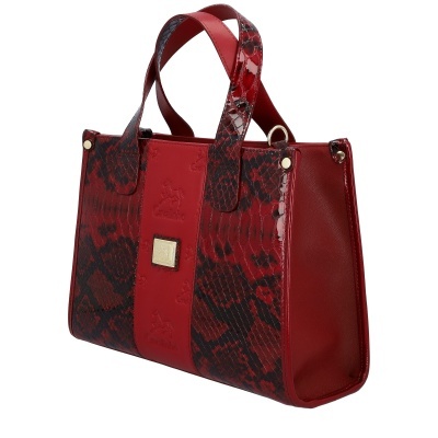 Mala de mão vermelha com padrão de pele de serpente e emblema Cavalinho