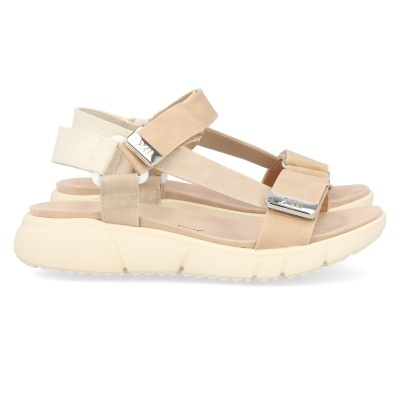 Sandálias senhora bege e branco com sola grossa e fecho metálico