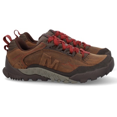 Sapatilhas Merrell marrons com cadarços vermelhos e sola cinzenta e preta