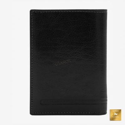 Carteira preta em pele com relevo SAROS e selo dourado