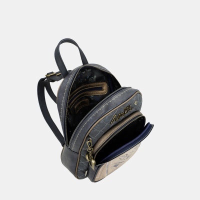 Mochila pequena cinza escuro com detalhes em pele castanha e dourada e bordado Anekke