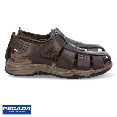 Sandália masculina castanha de couro com fecho de velcro