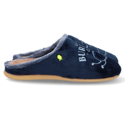 Pantufa azul escura com interior cinza claro e sola bege