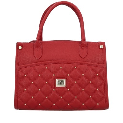 Mala vermelha com padrão matelassê e rebites dourados