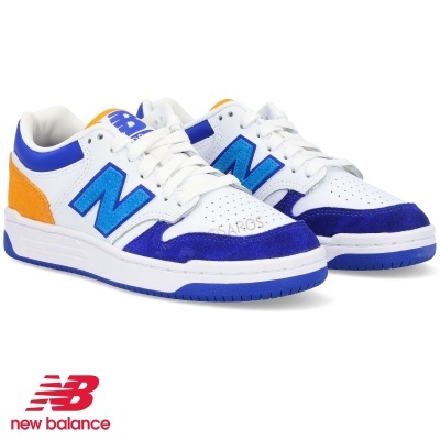 Ténis New Balance branco, azul e laranja com logótipo N