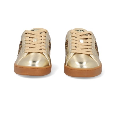 Sapatilhas douradas com sola castanha e padrão animal print