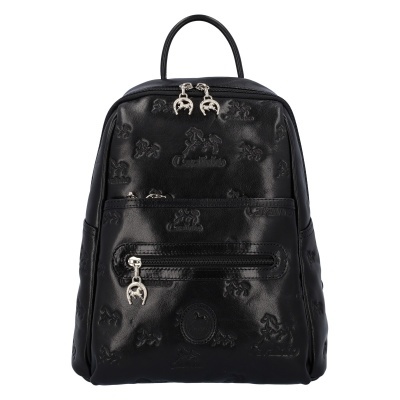 Mochila preta com padrão de cavalos em relevo e detalhes prateados