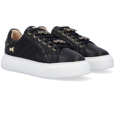 Ténis baixos de senhora pretos com sola branca e adereços brilhantes nos atacadores
