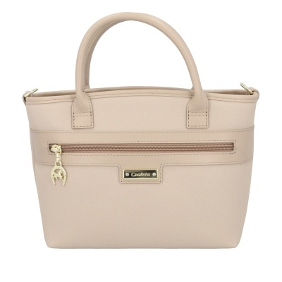 Mala de mão feminina bege em pele sintética com fecho dourado