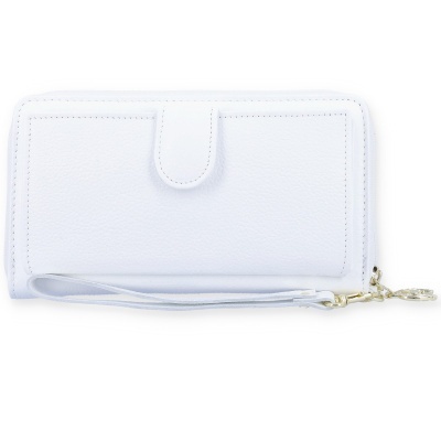 Carteira branca em pele sintética com fecho e alça dourada