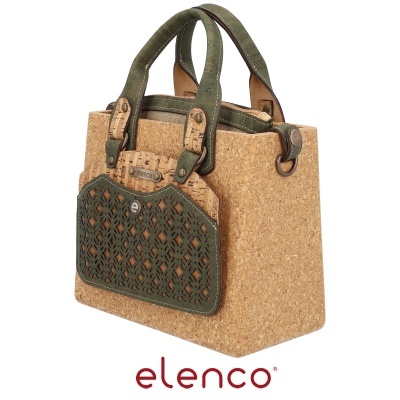 Mala de mão em cortiça com detalhes verdes e padrão de folhas