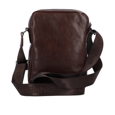 Mala de tiracolo em pele castanha escura com alça larga castanha com padrão de texto.