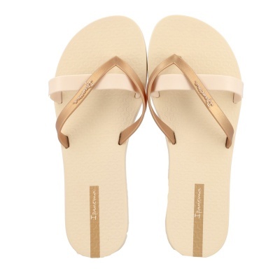 Chinelos de dedo femininos bege com tiras douradas Ipanema