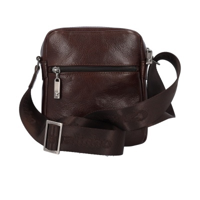 Bolsa de pele castanha escura com fecho e alça ajustável