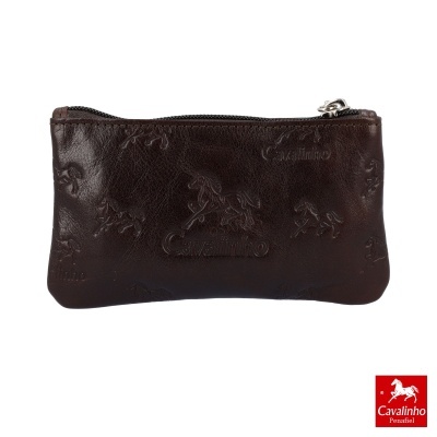 Carteira pequena em pele castanha com padrões e fecho de correr