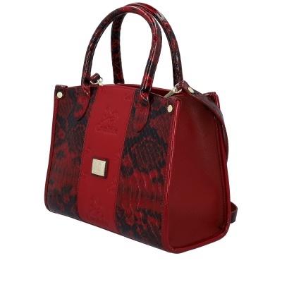 Mala feminina vermelha com padrão pele de cobra e alças