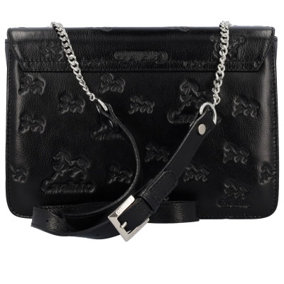 Bolsa preta de couro com padrão em relevo de cavalos e corrente prateada