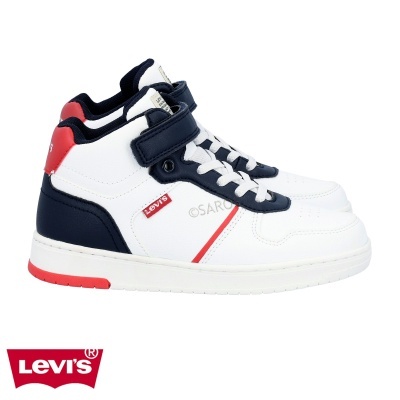 Tênis Levi's branco, azul e vermelho com detalhes em velcro e atacadores