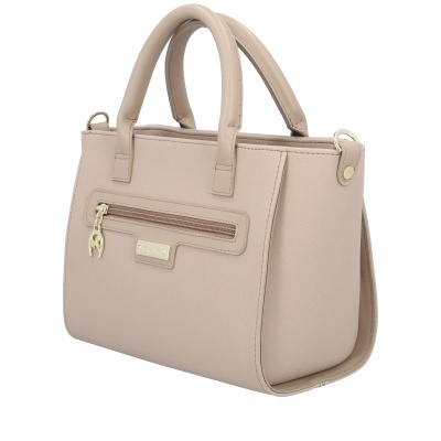 Mala de mão bege claro com fecho de correr e detalhes dourados