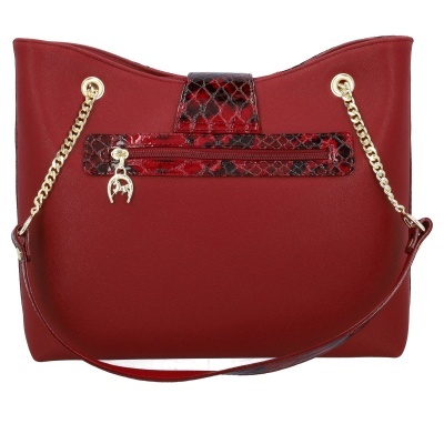 Bolsa vermelha com detalhes em padrão de pele de cobra e alça dourada