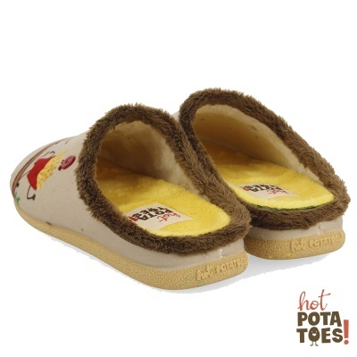 Chinelos de quarto femininos bege com interior amarelo e pelo castanho