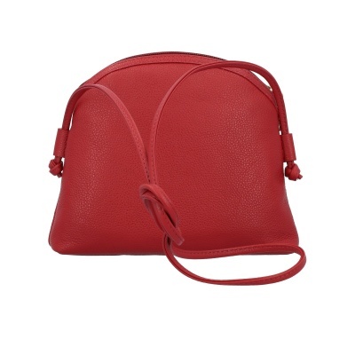 Mala de tiracolo vermelha em pele com textura granulada e acabamento arredondado