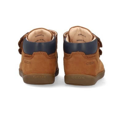 Par de sapatilhas de couro castanho e azul para criança vistas de trás