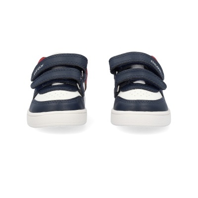 Ténis infantis azuis escuros e brancos com tiras de velcro